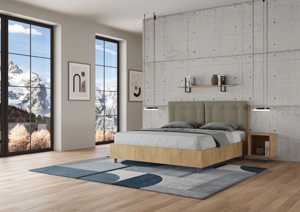 Letto Matrimoniale 160x190 cm con Rete e Contenitore Struttura Quercia con Cuscini in Similpelle Egos Annalisa