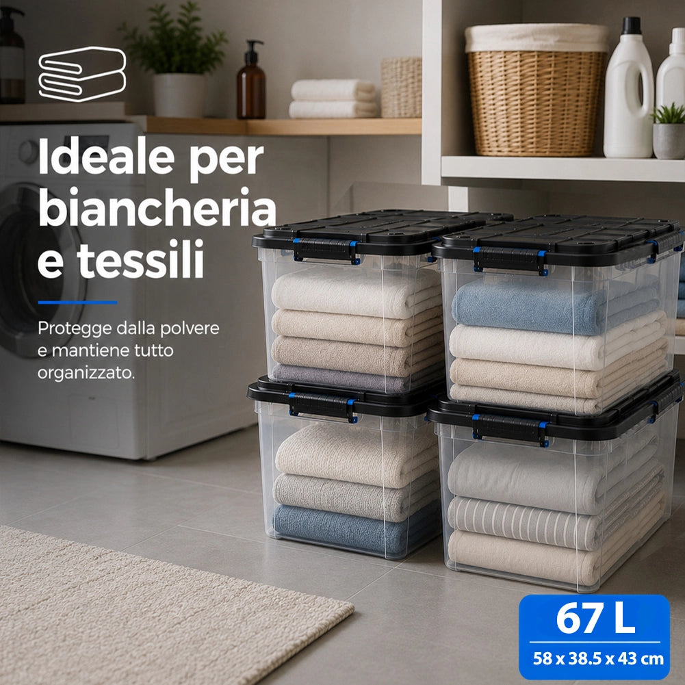Set 4 Pezzi Contenitori con Coperchio Storage Box Solid Cargo 67L 58x38.5x43 cm