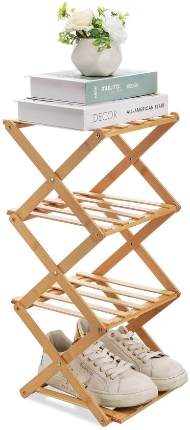 Scaffale per scarpe pieghevole - composto e versatile - 1 pezzo - bambù - 26x30x56cm