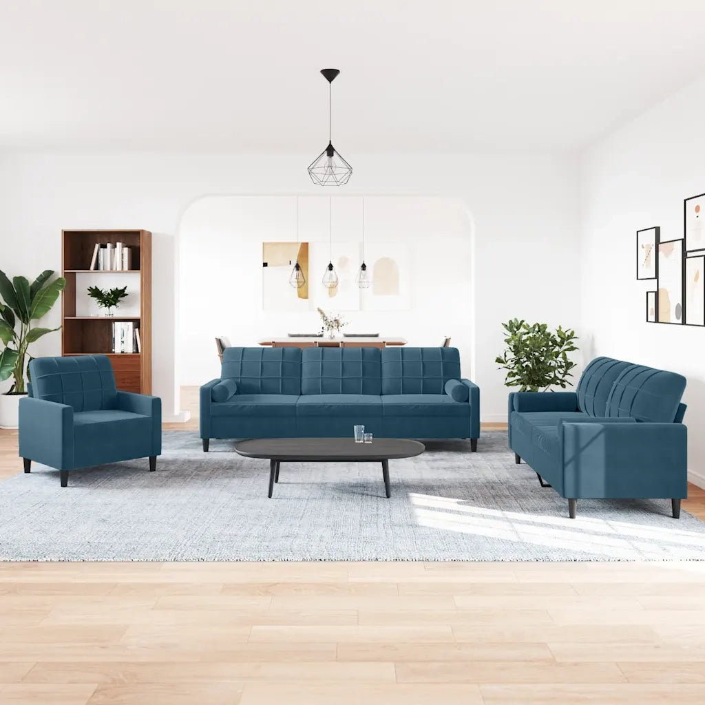 Set di Divani 3 pz con Cuscini e Rinforzi Blu in Velluto