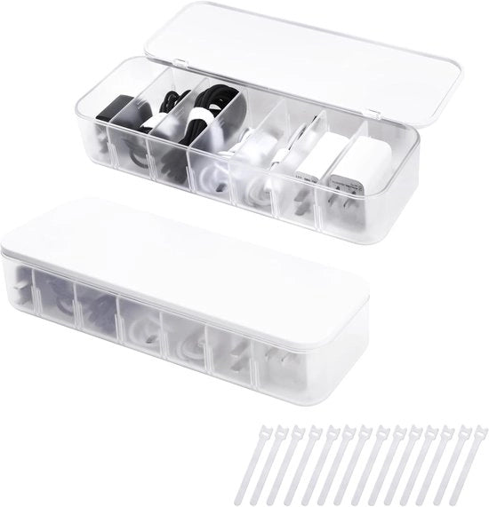 Scatola di gestione cavi trasparente, 2 pezzi, 7 compartimenti, con 14 cavi, adatto per l'organizzazione del tavolo, Bianco, 26 x 9 x 5 cm