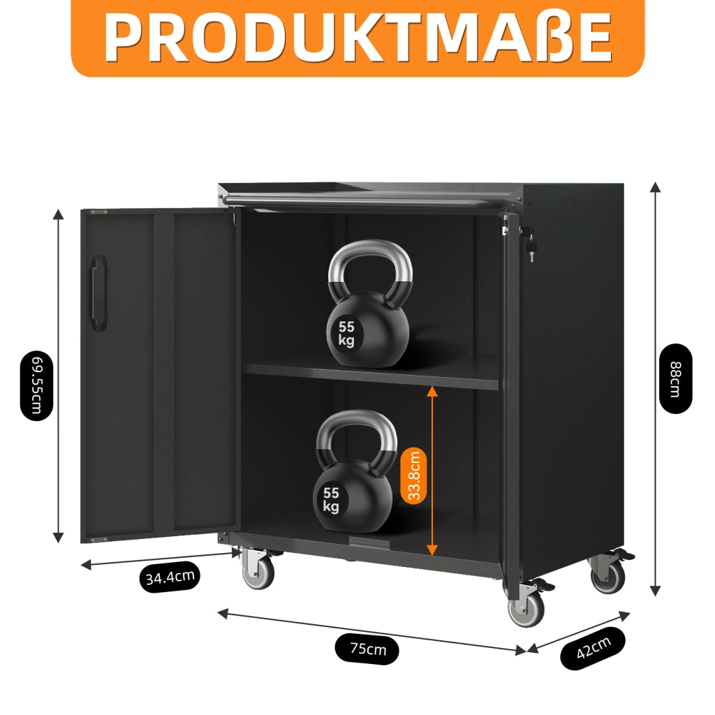 Armadietto portaoggetti in metallo resistente con ruote per garage ¨C Scaffale autoportante in acciaio, 75 ¡Á 42 ¡Á 88 cm, con ruote e serratura ¨C univer