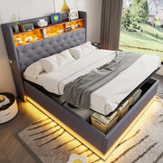 LETTO imbottito LED 160 x 200 cm grigio con USB e contenitore idraulico