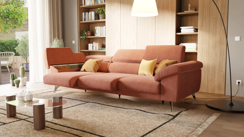 Donatello Divano con 3 sedute allungabili braccioli contenitore e poggiatesta reclinabili in tessuto smacchiabile T23 265 cm beige