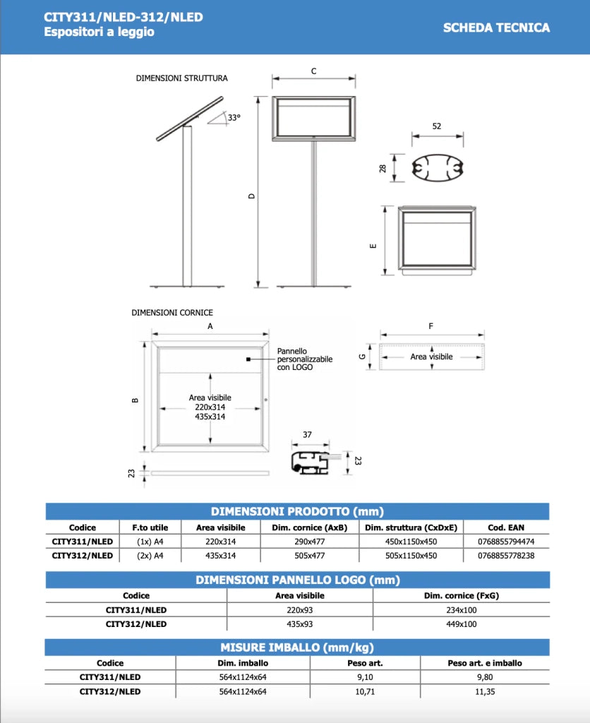 Leggio Menu per esterni Led Nero Ristoranti Alberghi Bed and Breakfast - A4 LED
