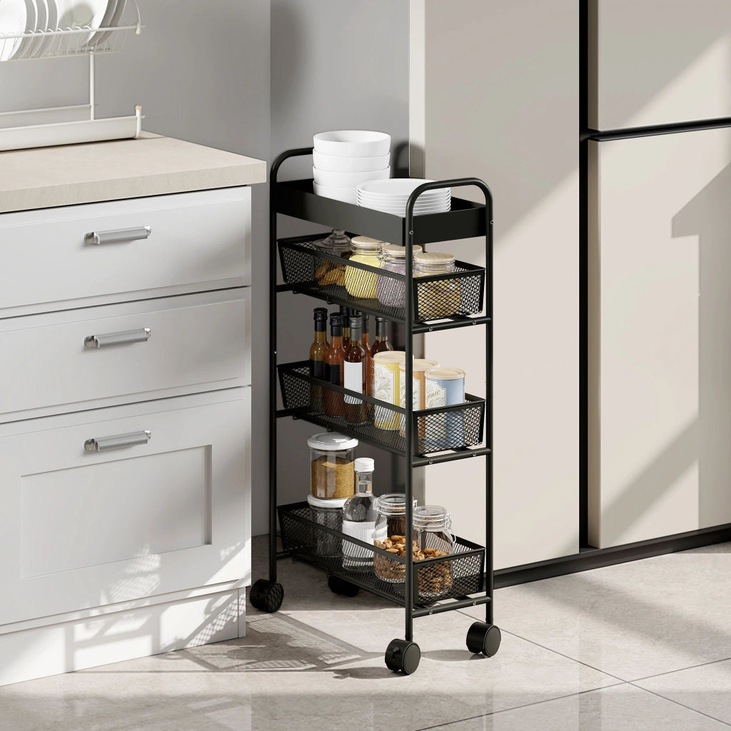 Carrello portaoggetti 4 ripiani con rotelle ¨C Xylo ¨C 3 cassetti scorrevoli metallo nero 19x43x80cm
