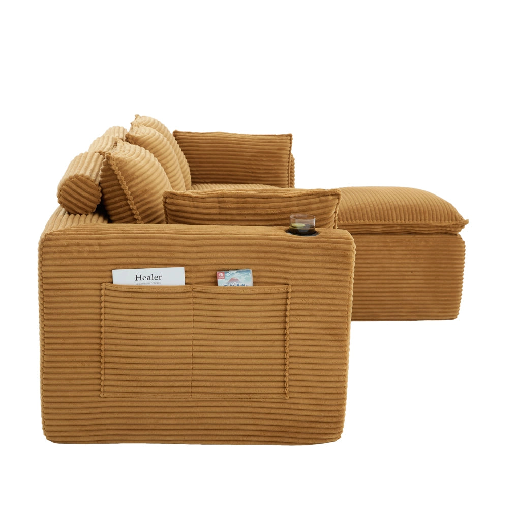 Divano modulare 3 posti con pouf; tasche laterali e cuscini; in corduroy arancione 256x161x75 cm