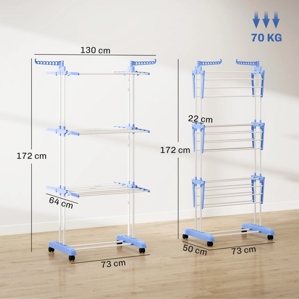 Appendiabiti Pieghevole a 3 Livelli con Ruote ¨C Minimal ¨C Blu e Bianco 73x64x172 cm