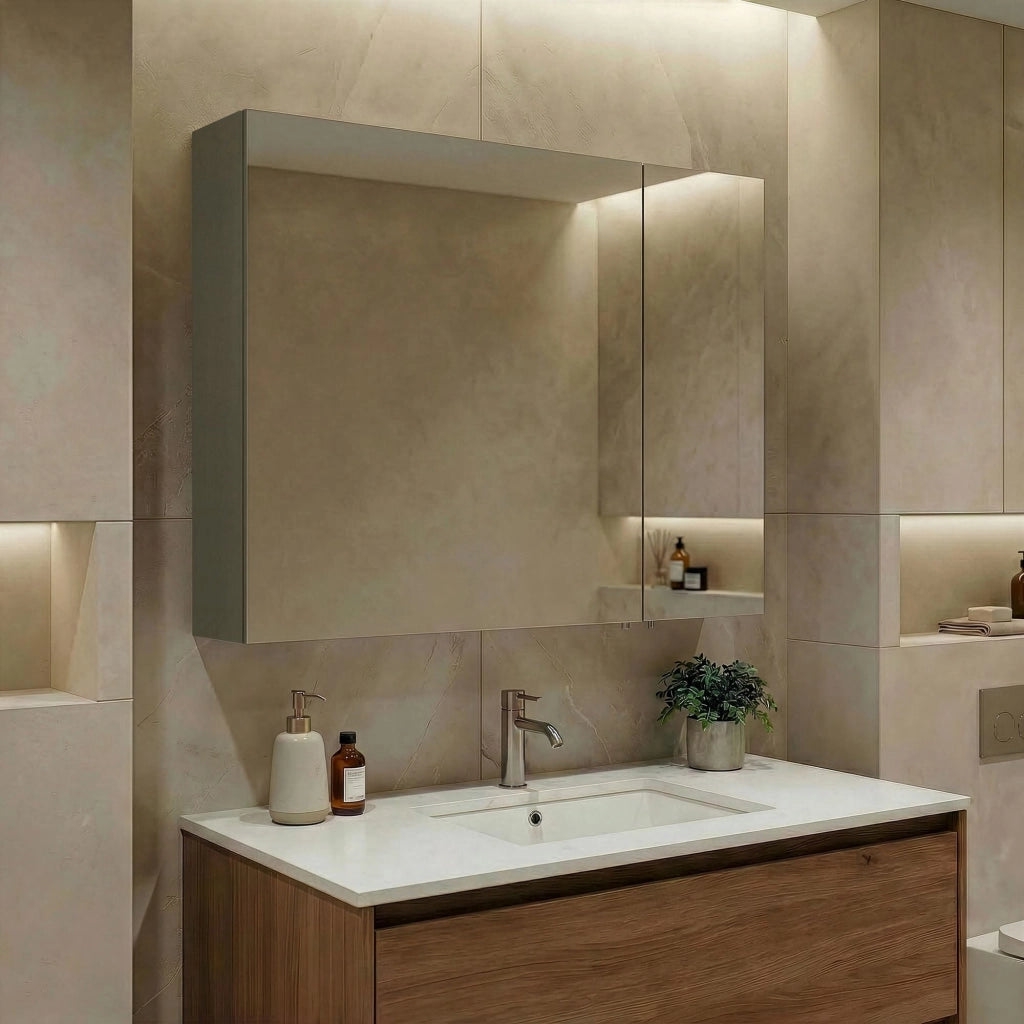 Mobile da bagno con specchio "Bari 80" - 75 x 16 x 66 cm - Verde opaco