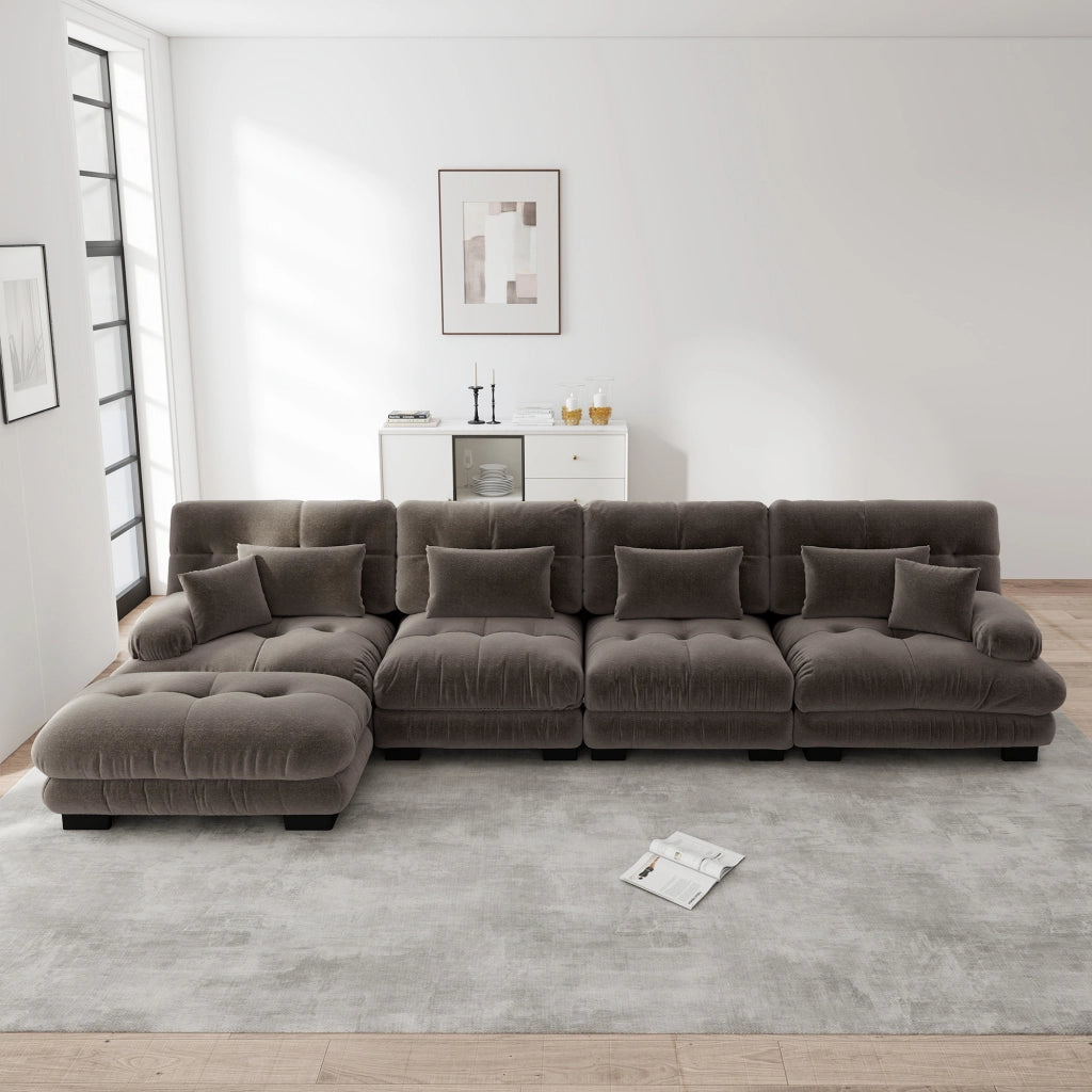Divano Angolare Modulare 4 Posti ¨C MINIMAL ¨C Chenille, Marrone, con Poggiapiedi
