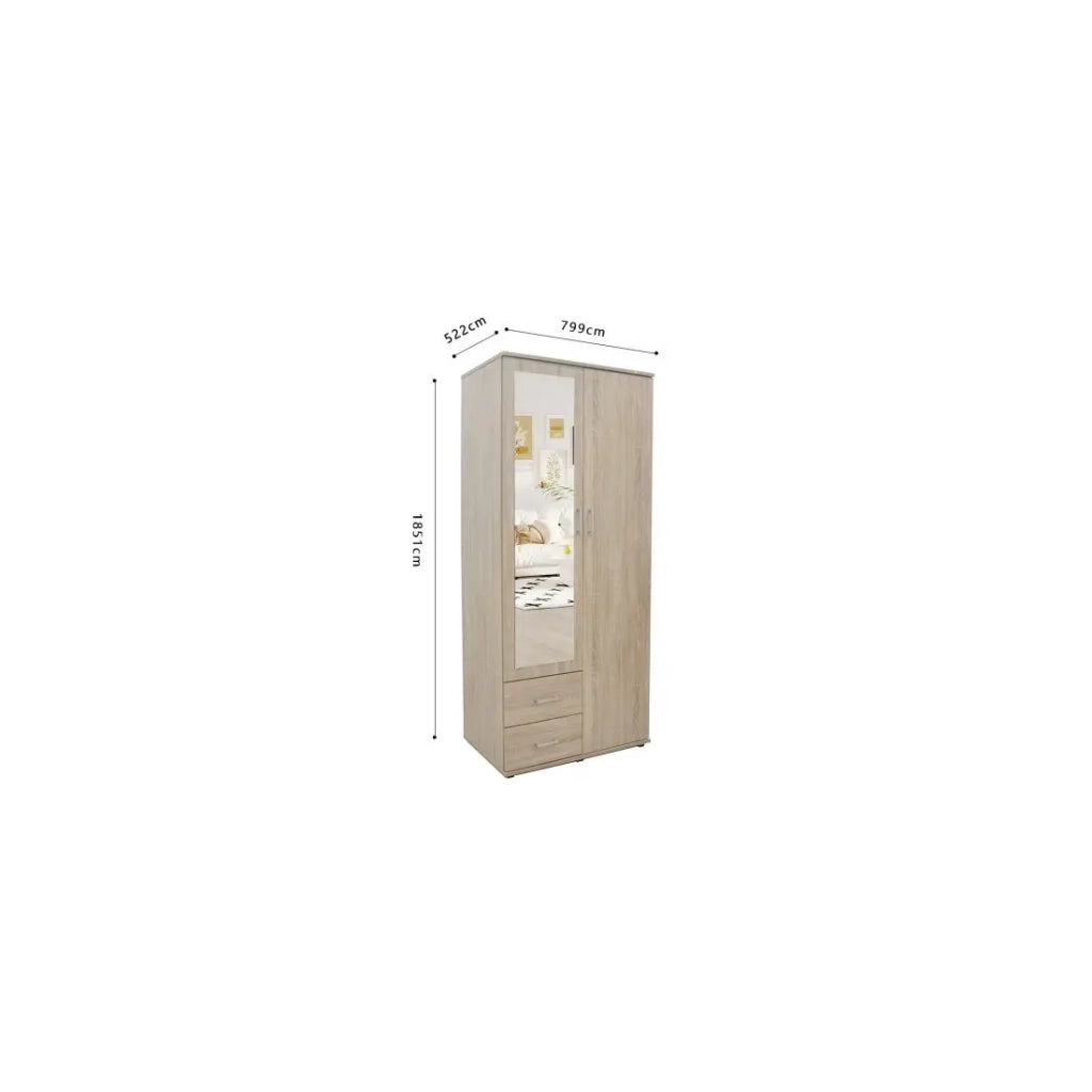 Armadio TOM 2 porte – Rovere Sonoma – Con specchio – L80 x H185 cm