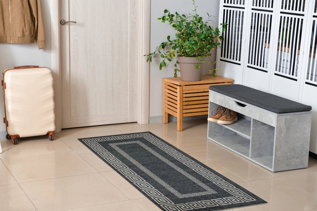 Tappeto Arredo Moderno Morbido in Ciniglia Ingresso Antiscivolo Prodotto Italiano  Soggiorno Camera Salotto Disegni Piazzati Cotone Varie Misure Grande Atena/Antracite - 65x220 cm