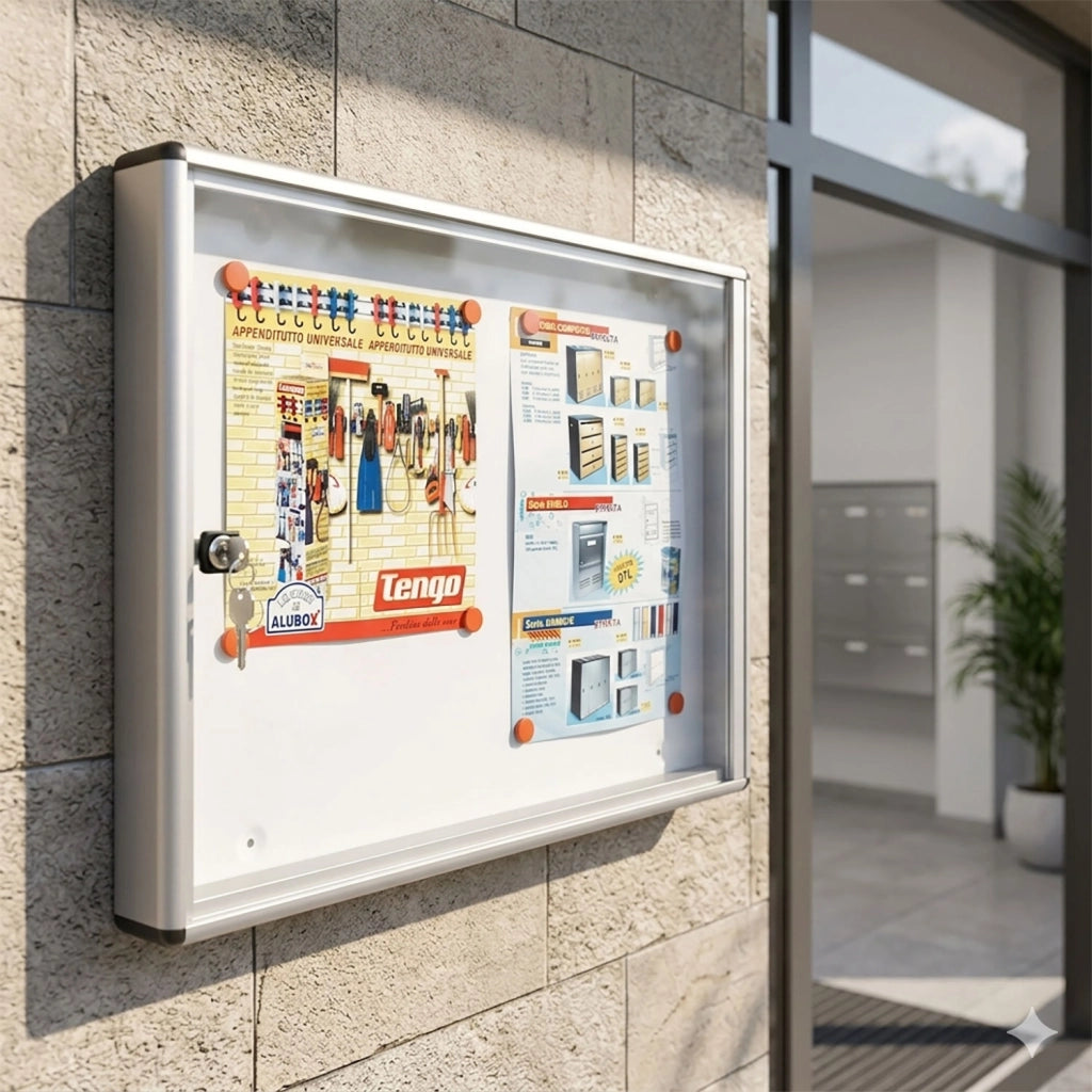 Bacheca Porta Avvisi da Parete 55x5x40 cm con Chiave e Magneti in Alluminio Argento
