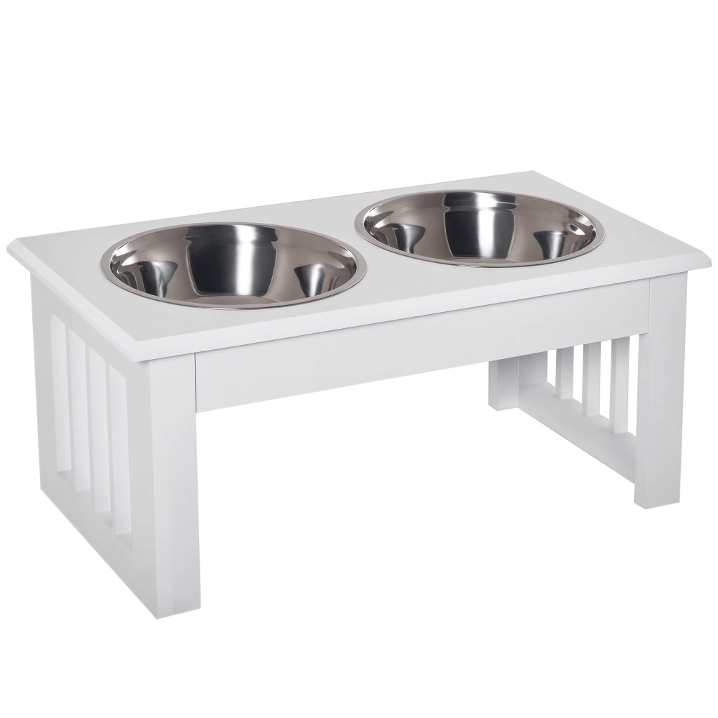Ciotola rialzata per cani e gatti doppia ¨C Xylo ¨C 44x24x15cm, 2 ciotole in acciaio inox 0,9L, legno bianco
