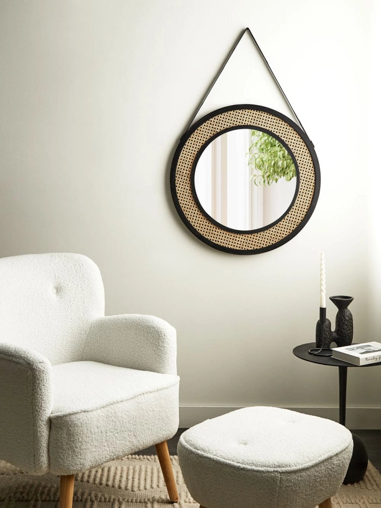 Specchio da parete con cinghia e struttura di forma rotonda in rattan metallo nero ø 70 cm soggiorno camera da letto ingresso