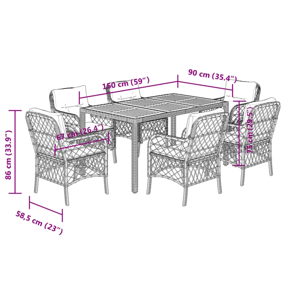 Set da Pranzo da Giardino 7 pz Nero con Cuscini in Polyrattan