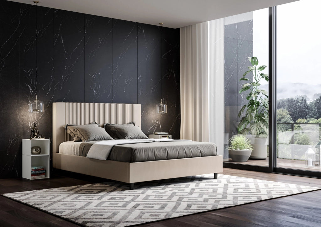 BS COM Letto queen size contenitore imbottito 150x200 similpelle tortora