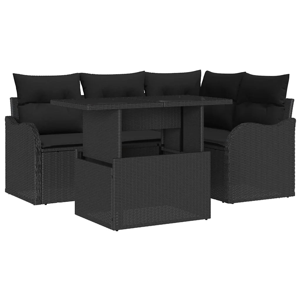 Set da pranzo per esterni con cuscino 5 pcs Nero Poly Rattan