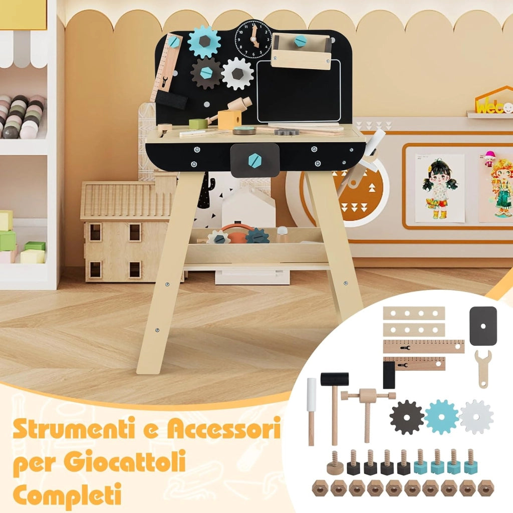 Banco da Lavoro in Legno per Bambini, Set Attrezzi Giocattolo con Martello, Cesello, Chiave Inglese, Ripiani e Ganci per Archivio, Tavolo da Lavoro Giocattolo Officina 3+ Anni
