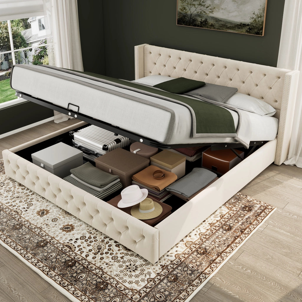 letto imbottito velluto beige 140 x 200 cm