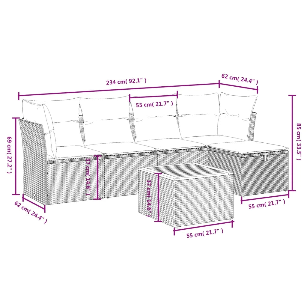 Set Divano da Giardino 6 pz con Cuscini Nero in Polyrattan 3264709
