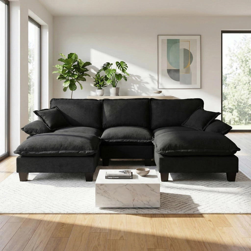 Divano Angolare Modulare U con Ottomane ¨C MINIMAL ¨C Chenille Nero