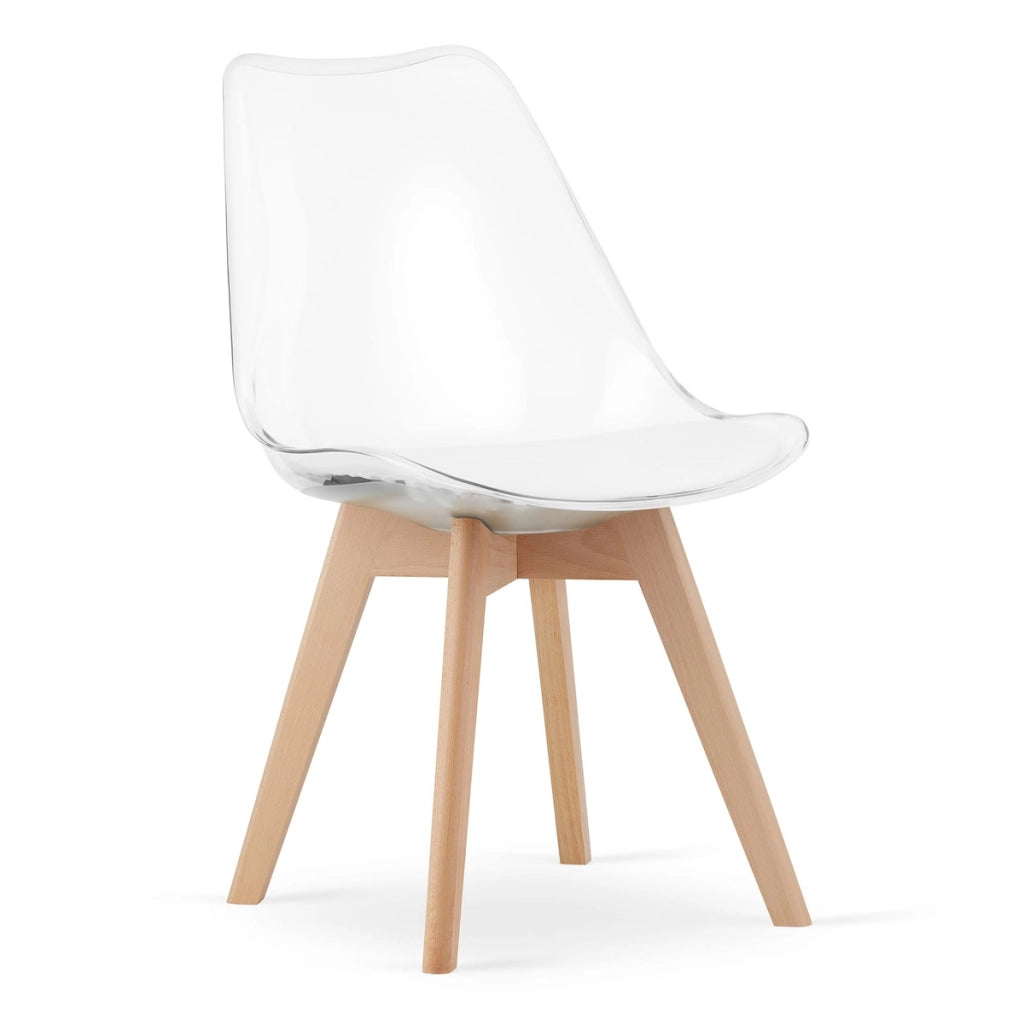 Sedia Mark trasparente con cuscino bianco e gambe in faggio
