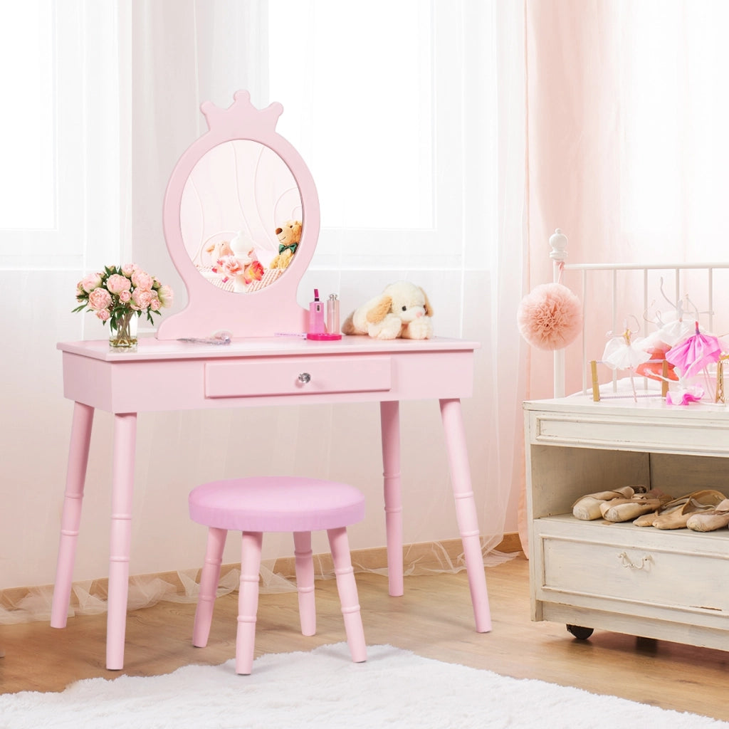 Toeletta con specchio per bambini, Set tavolo e sedia toeletta con cassetti e sgabello imbottito Rosa