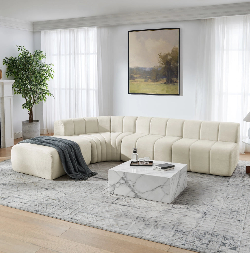Divano angolare modulare a 4 posti in chenille beige; componibile e multifunzione