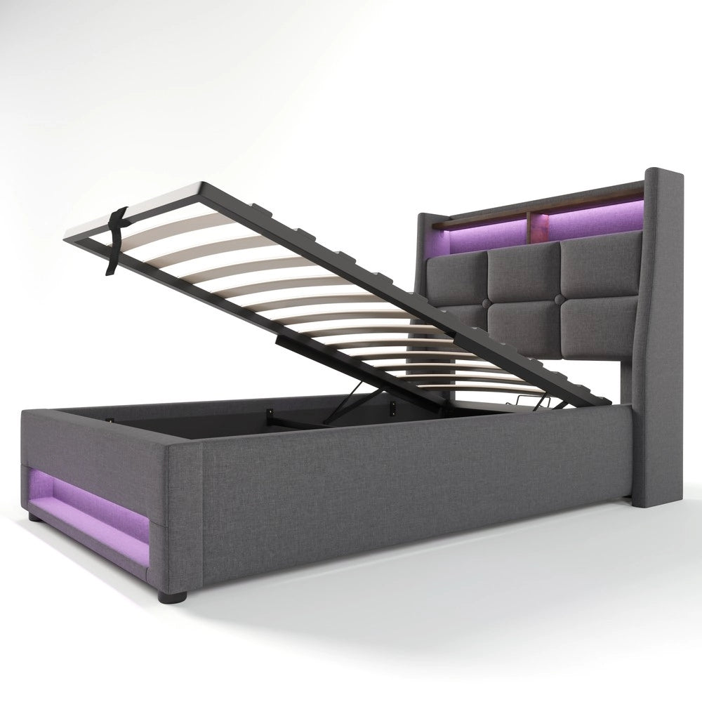 Letto Singolo Imbottito con LED e Rete a Doghe ¨C MINIMAL ¨C Tessuto Lino, 90x200
