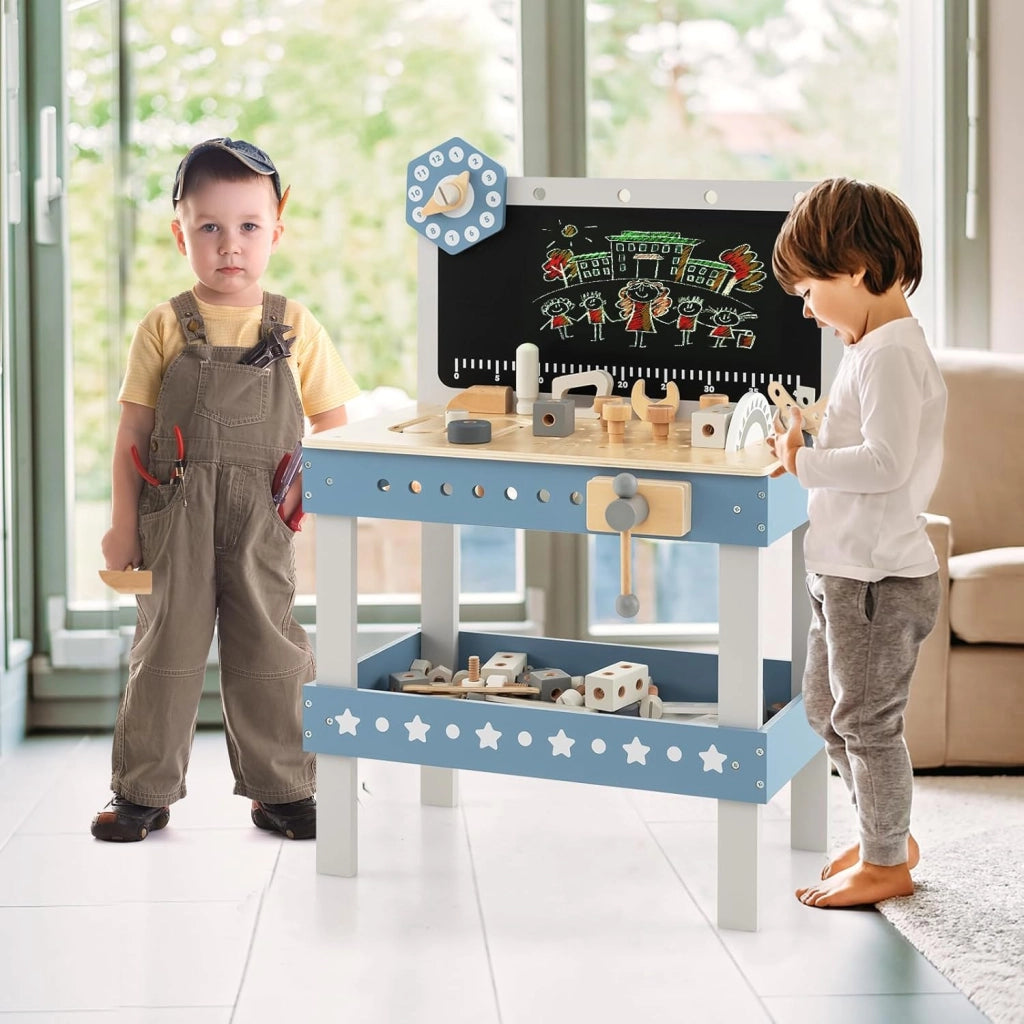 Set Banco da Lavoro per Bambini, Tavolo da Lavoro per Bambini in Legno con 61 Attrezzi e Parti, Giochi Costruzione Educativi, per Bambini 3-5 Anni