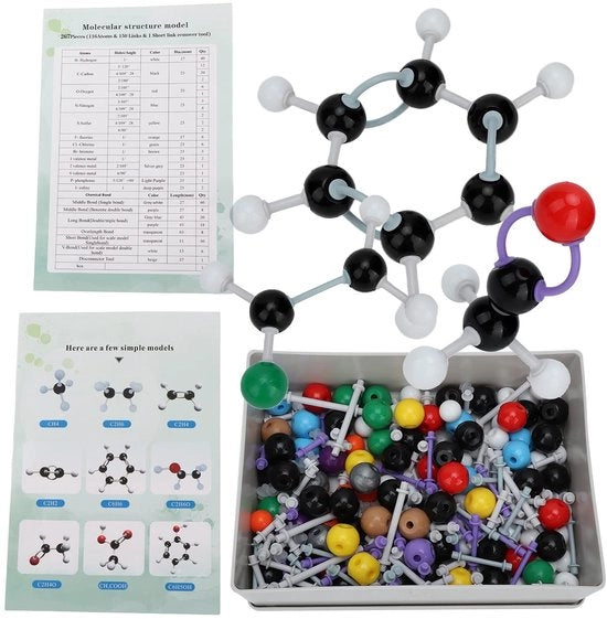 Set di modellazione 267-delig - Molecolare - Chimica organica - Biochimica - Componenti di connessione - Apprendimento visivo 3D - Scatola di plastica
