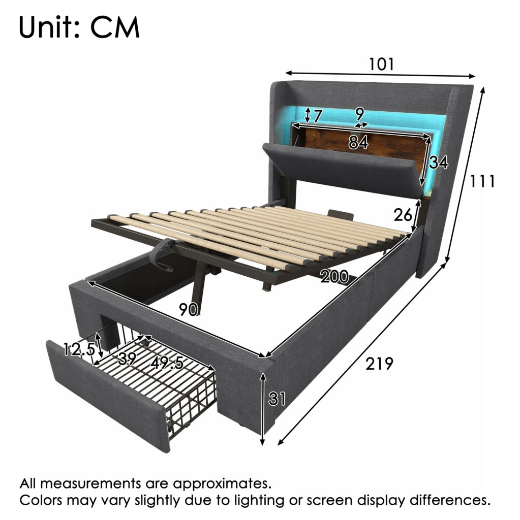 Letto imbottito 90x200 cm con contenitore idraulico; LED; USB e USB C; lino grigio