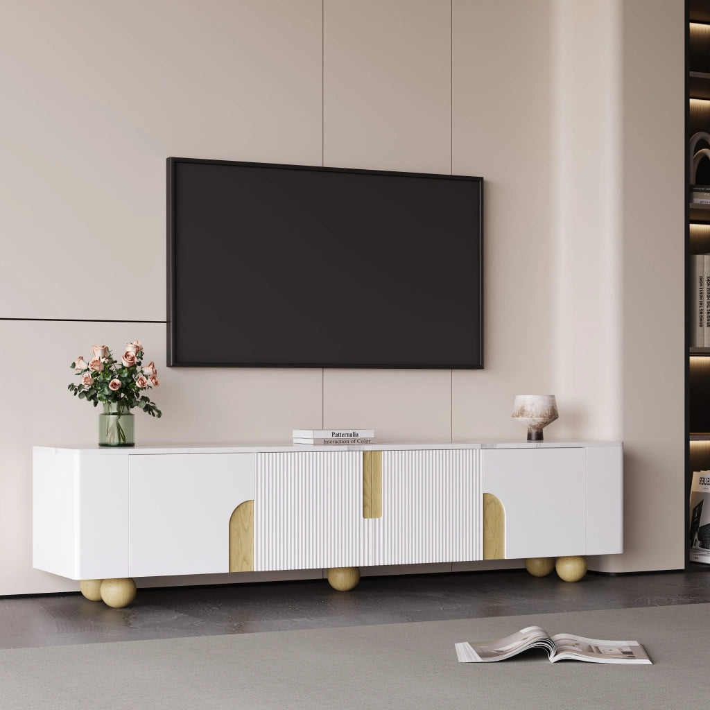 Cassettiera per TV bianca e legno; MDF e truciolare; lunghezza 180 cm
