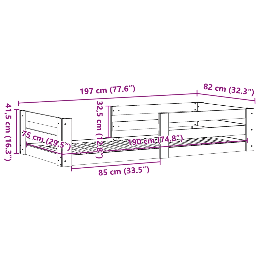 Letto senza Materasso-Struttura Letto Bianco 75x190 in Legno Massello di Pino 578259