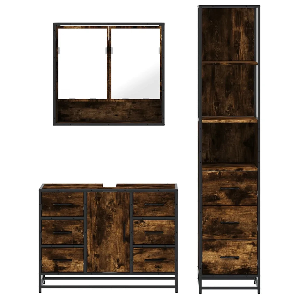 Set Mobili da Bagno | Armadio da bagno 3 pz Rovere Fumo in Legno Multistrato