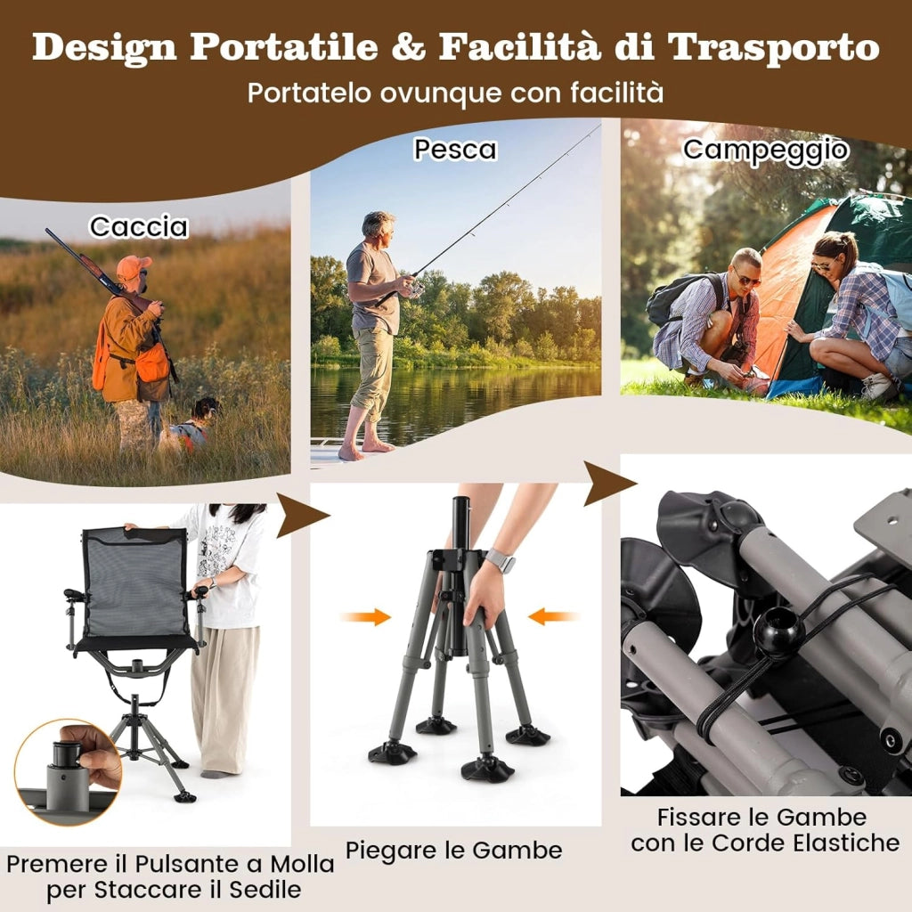 Sedia da Caccia Portatile, Sedia da Tiro con Rotazione a 360°, Poltrona a Caccia Pieghevole con 4 Gambe e Braccioli Regolabili, Supporto per Fucile, Portata 150 kg