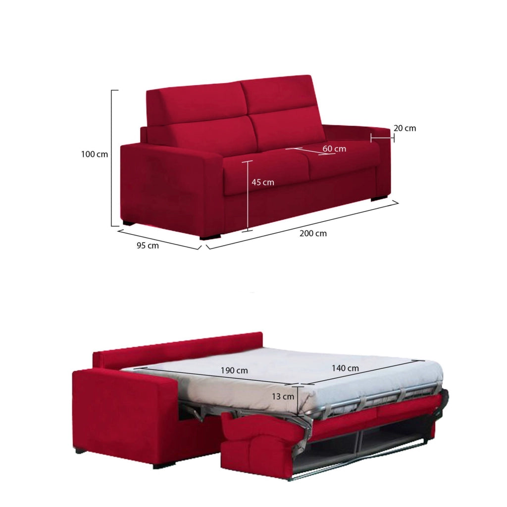 Sonico, Divano Letto 2 Posti Sfoderabile Made in Italy, 200x95 cm Rosso