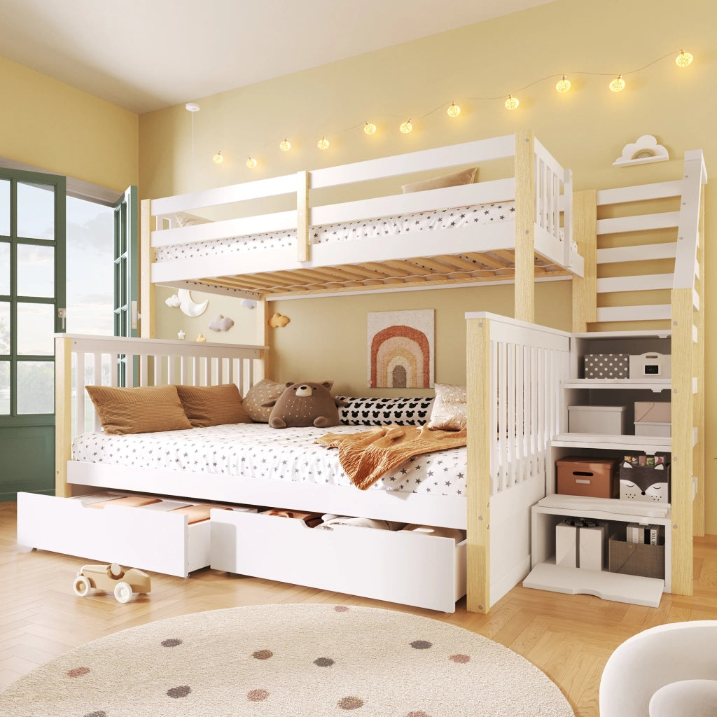 Castello 90x200 sopra 140x200 bianco/naturale cassetti e vano