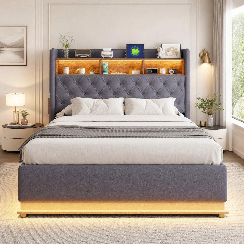 LETTO imbottito LED 160 x 200 cm grigio con USB e contenitore idraulico