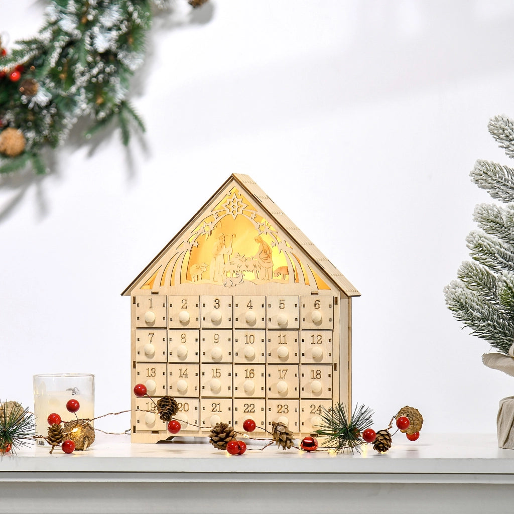Calendario dell'Avvento in Legno con 24 Cassetti ¨C Xylo ¨C Decorazione Natalizia con Presepe e Luci, 26.6x6x30cm
