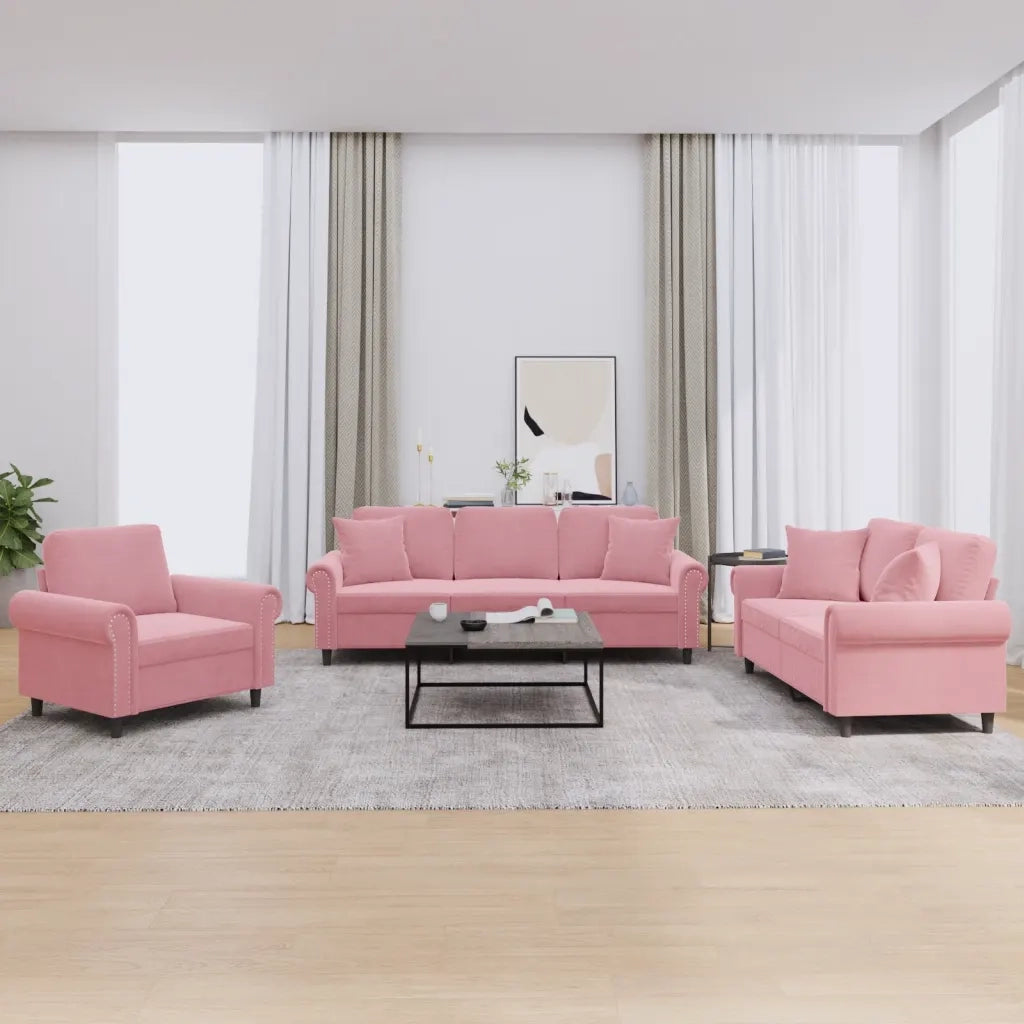 Set di Divani 3 pz con Cuscini Rosa in Velluto
