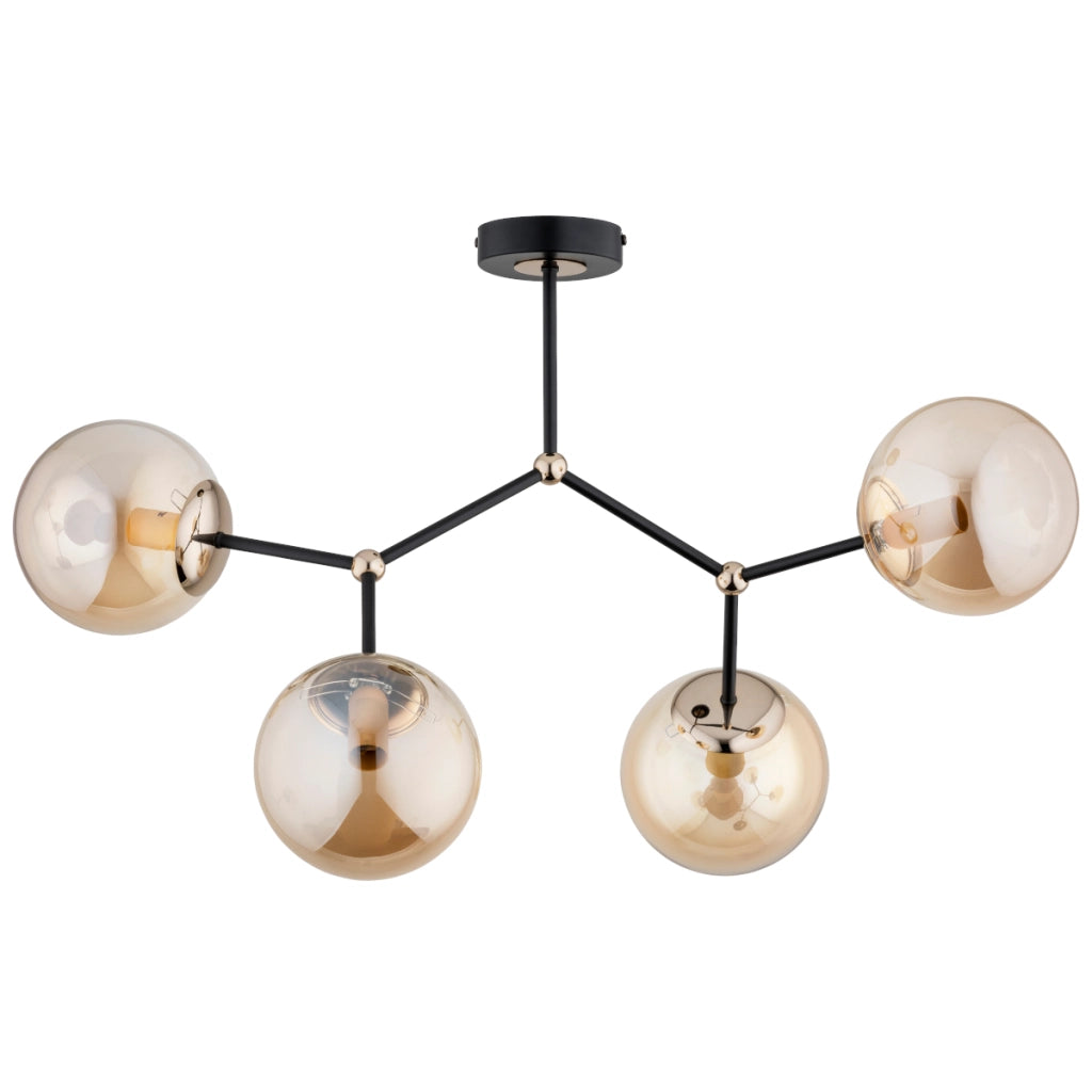 Plafoniera decorativa GOLEM Alfa nero/rame, sfere ambra 4xE14