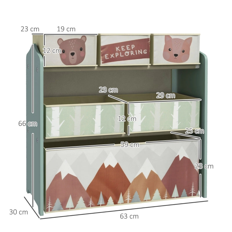 Armadio per bambini con 6 scatole in tessuto, design grazioso, 63x30x66 cm, verde