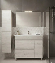 Mobile Bagno FENRIR Già Montato 2 cassetti e porta con piedini, lavabo e specchio Bianco nordico 100x45 cm con colonna