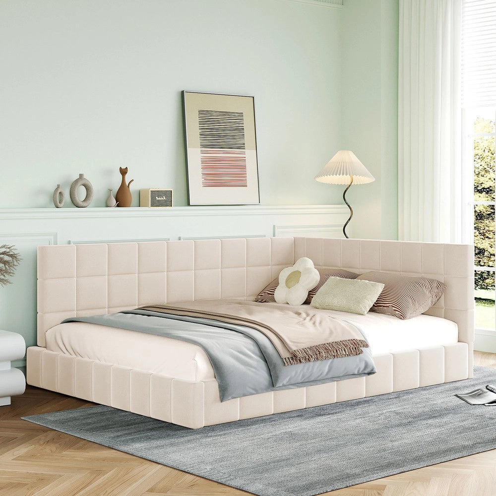 Letto Imbottito con Rete a Doghe ¨C MINIMAL ¨C Velluto Beige 140x200