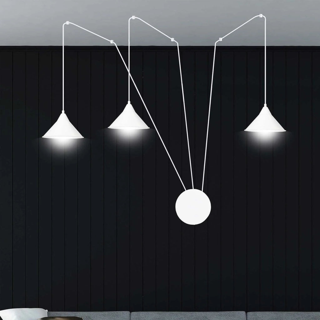 Sospensione Minimal 3 Luci Fujin In Acciao Bianco E Paralume A Cono