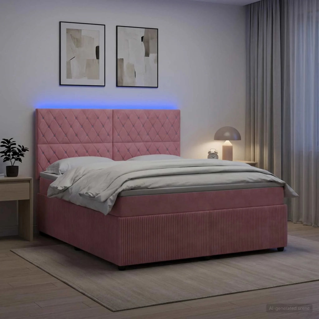 Letto Box Spring LED con Materasso Rosa 140 x 190 cm Velluto 3456064