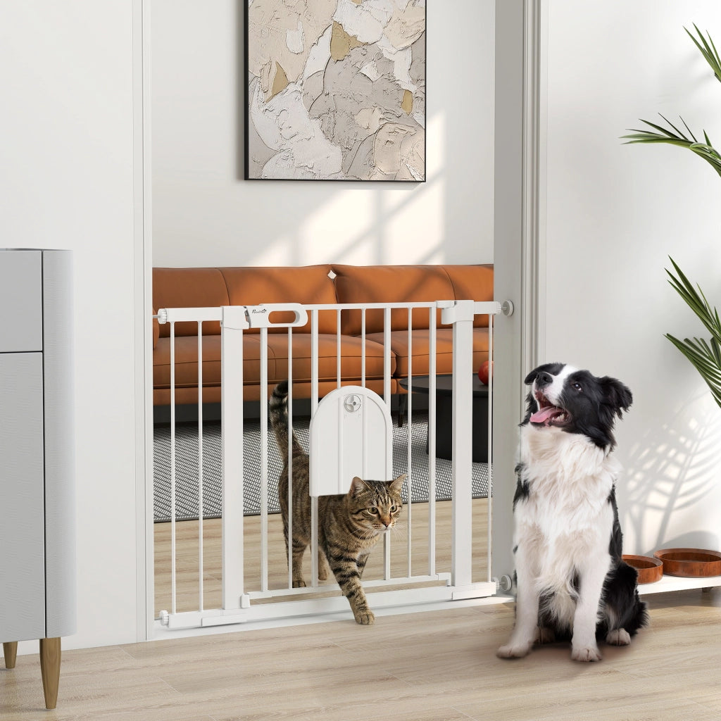 Cancellino per Cani Regolabile con Porta Piccola e Chiusura Automatica, 75-103x76cm, Bianco