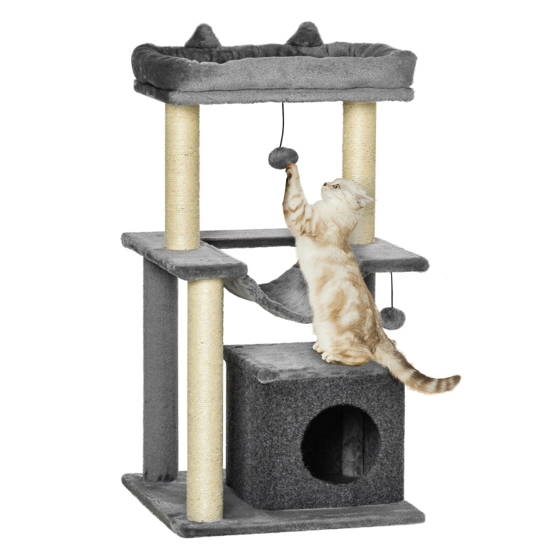 Albero tiragraffi per gatti 90 cm con amaca, cuccia e piattaforme, grigio